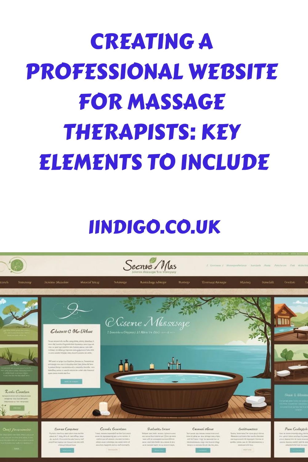 A webpage titled "Creating a Professional Website for Massage Therapists: Key Elements to Include" with a URL iindigo.co.uk. The site layout features massage related content and a tranquil spa theme.