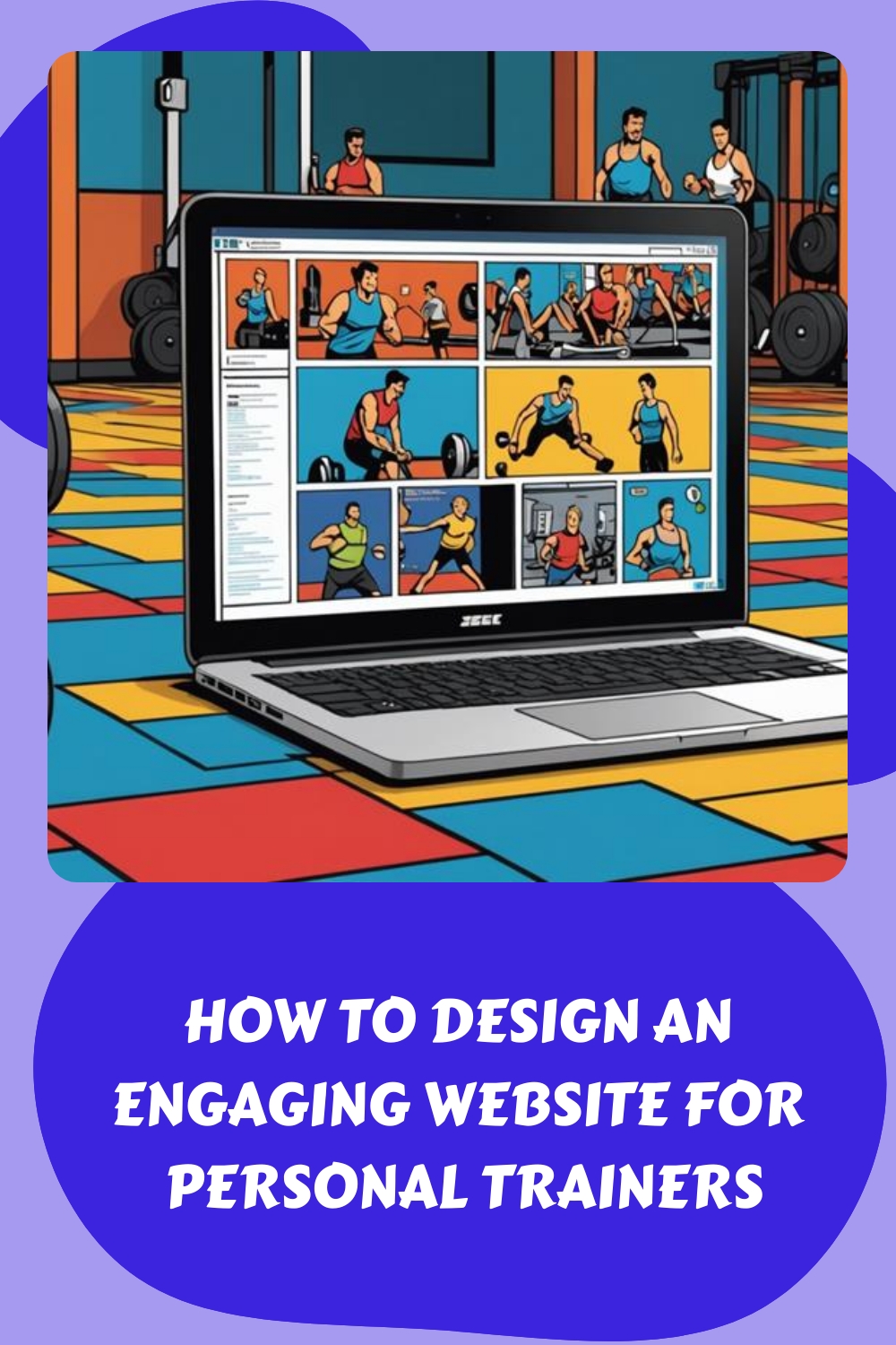 Illustration of a laptop showing various workout exercises, set against a colorful gym background. Text: "How to Design an Engaging Website for Personal Trainers.