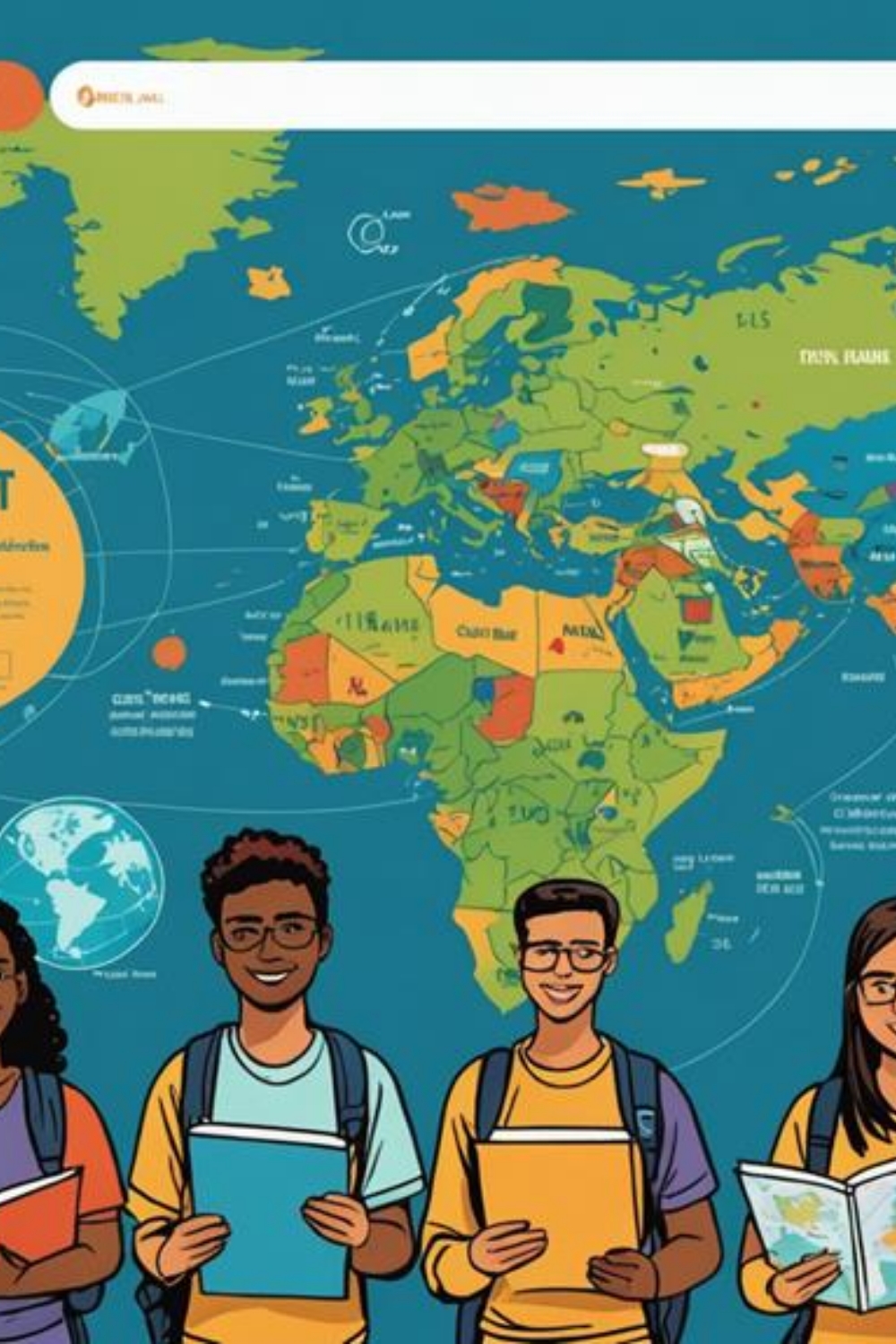 A diverse group of students stand in front of a world map, each holding books and wearing backpacks. The map includes various labeled countries and geographical features.