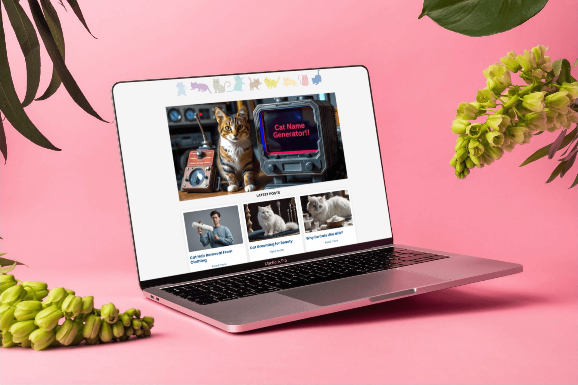 Open laptop on pink background displays website with a cat-themed header and various articles, including "Cat Name Generator" and "Cat Care Tips." Green leaves frame the scene.