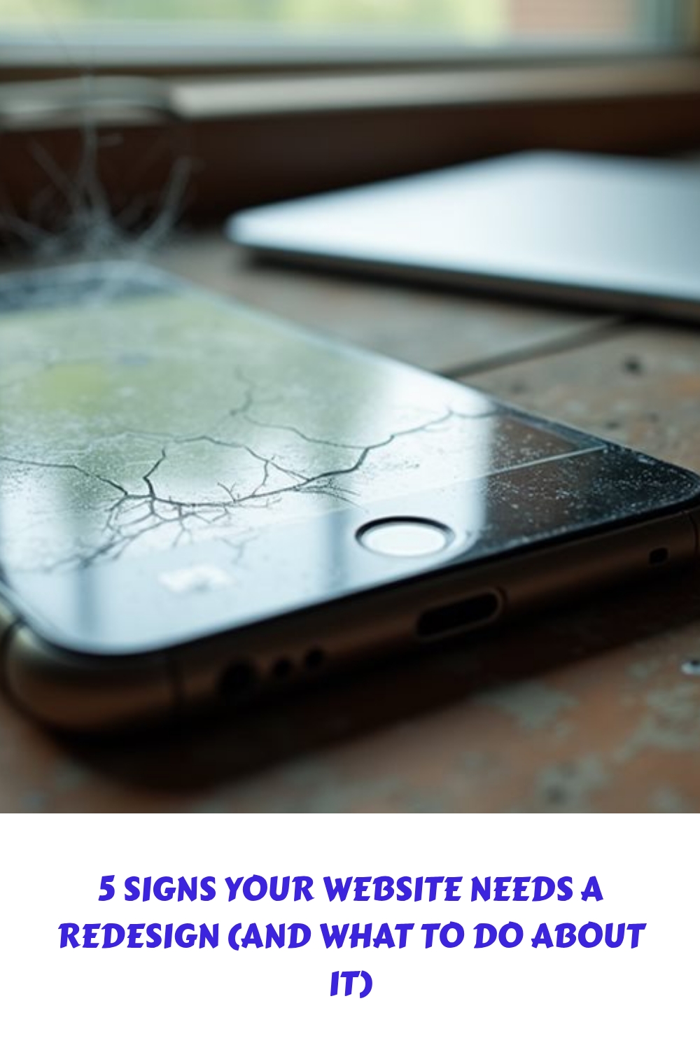 A cracked smartphone rests on a dusty surface near a laptop, illustrating the concept of outdated technology. Text below reads: "5 Signs Your Website Needs a Redesign (And What To Do About It)".