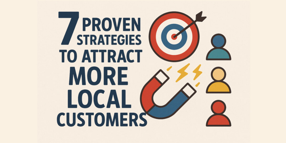 Graphic with text: “7 proven strategies to attract more local customers” alongside a target with an arrow, a magnet, and icons of people.