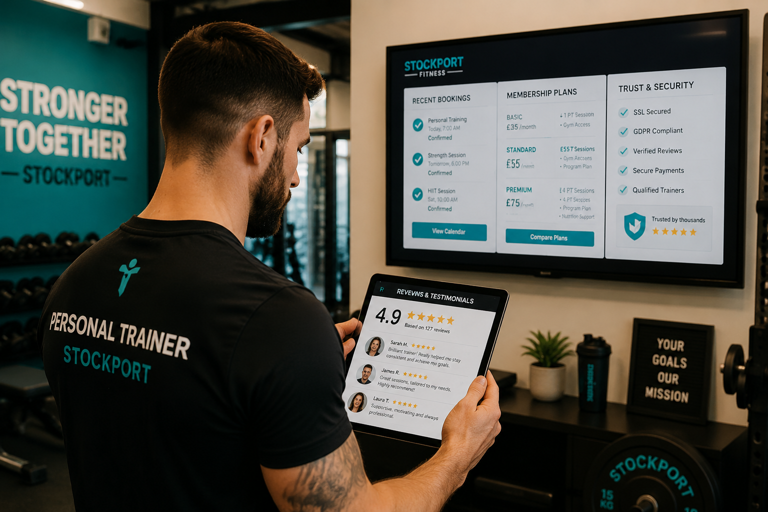 () concept illustration showing a personal trainer in a Stockport gym setting reviewing client testimonials and star ratings
