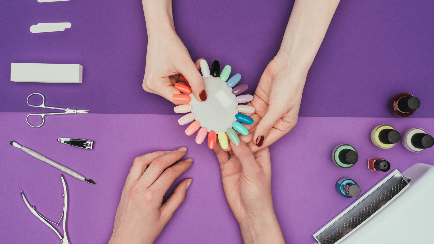 A group of hands with nail tools on a purple background.