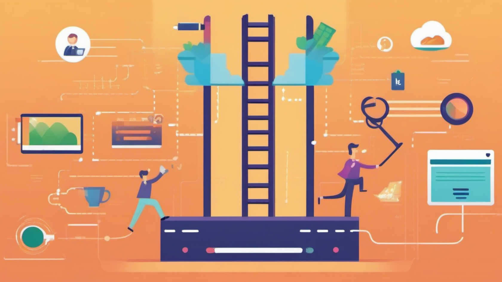 An illustration of a ladder with people climbing on top of it.