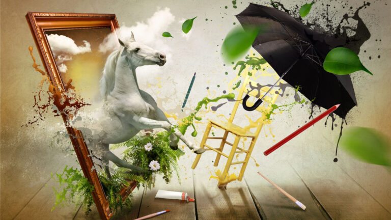 A white horse is standing in front of a mirror.