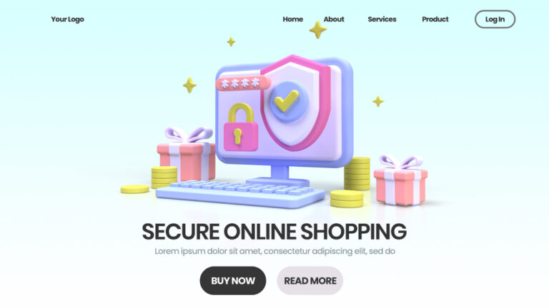 A secure online shopping landing page with gifts and a computer.