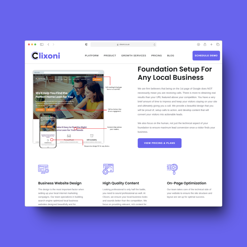 Webpage design for Clixoni showcasing services like business website design, high quality content, and SEO. Features include a call to action for pricing and plans.