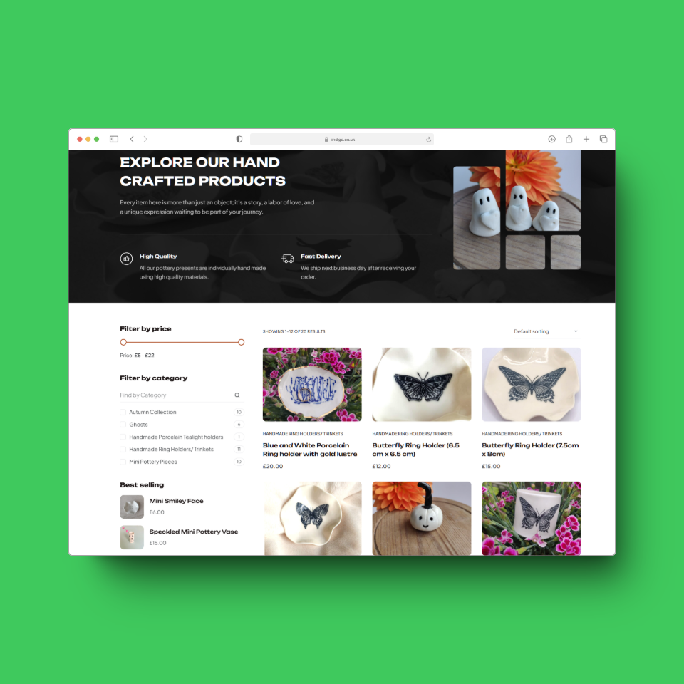 Screenshot of an online store page displaying handcrafted products, including ghost themed items and butterfly decorations, with options to filter by price and category.