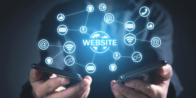 A person holds two smartphones with a digital network diagram showing "Website" at the center, surrounded by various internet and communication icons.