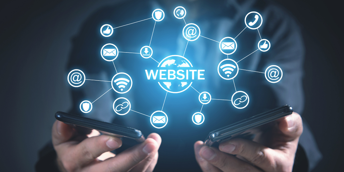 A person holds two smartphones with a digital network diagram showing "Website" at the center, surrounded by various internet and communication icons.