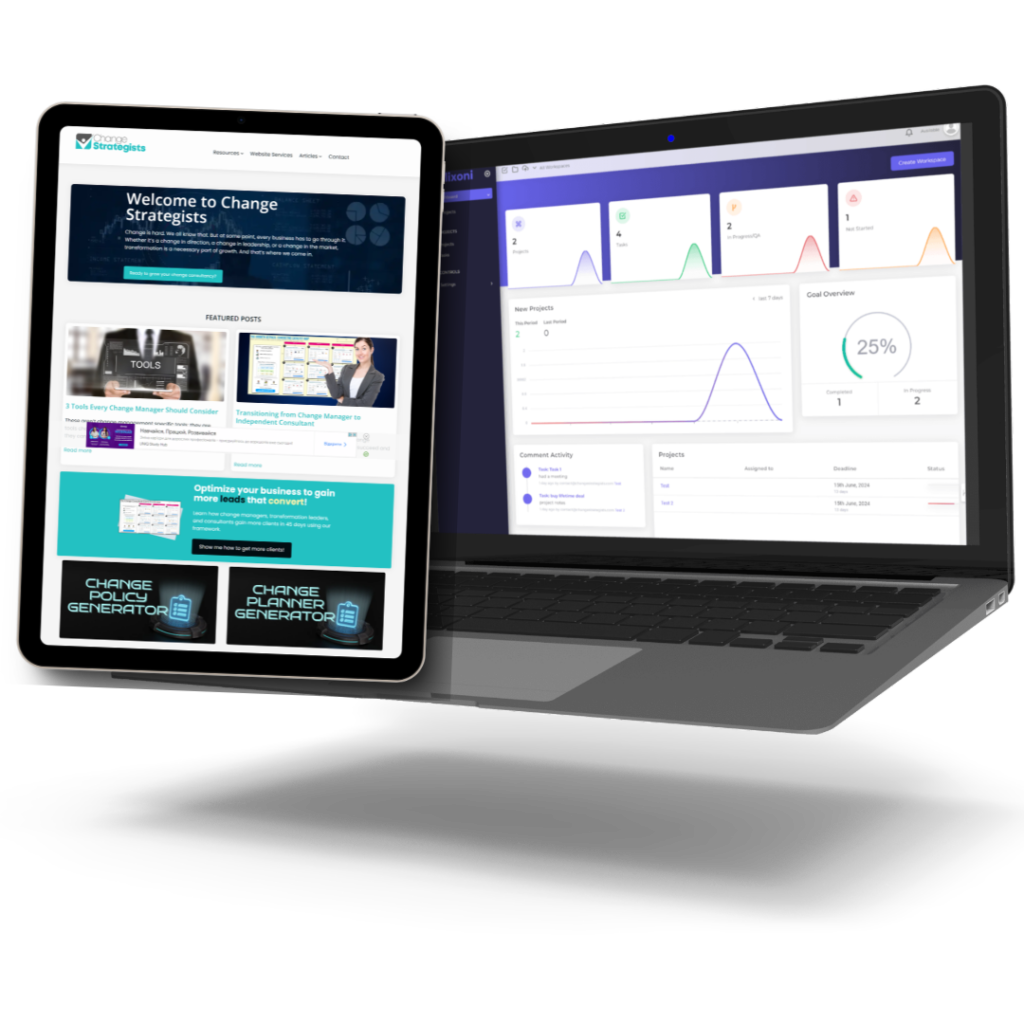An open laptop displaying graphs sits beside a tablet showing a website homepage with text about change strategists and business tools.
