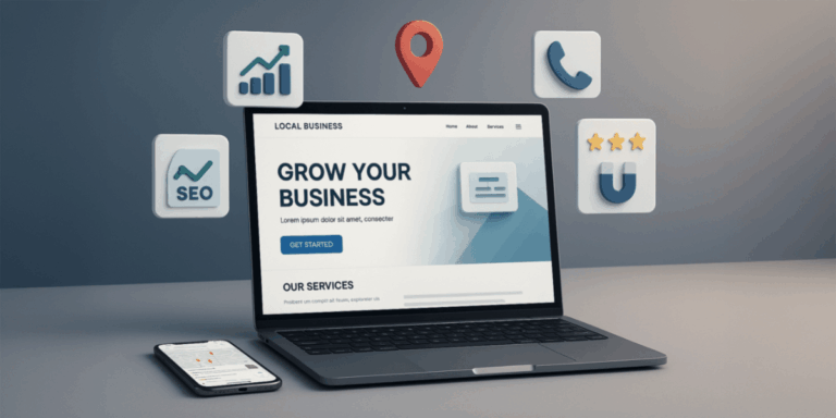 A laptop displays a business website with "Grow Your Business" text, surrounded by icons related to SEO, analytics, location, phone, reviews, and marketing. A smartphone lies nearby.