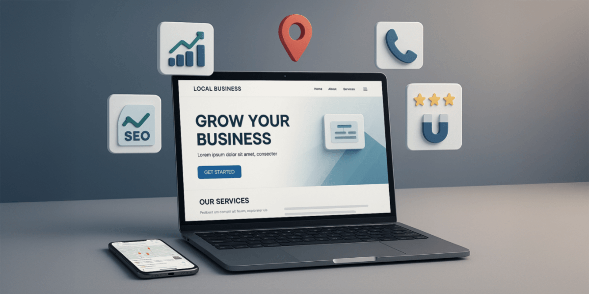 A laptop displays a business website with "Grow Your Business" text, surrounded by icons related to SEO, analytics, location, phone, reviews, and marketing. A smartphone lies nearby.