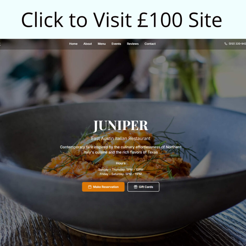 Computer screen displaying the homepage of Juniper, an Italian restaurant, with food in the background and buttons for reservations and gift cards.