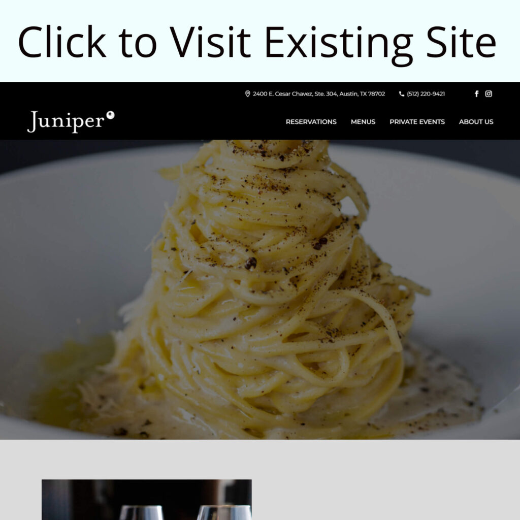 A plate of pasta stacked in a mound, topped with grated cheese and black pepper, featured on the Juniper restaurant website.