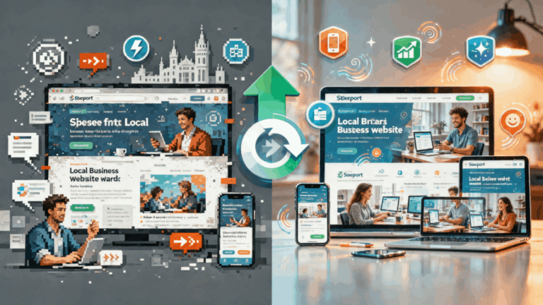 Split-screen image showing a pixelated, outdated business website on the left and a modern, professional business website on various devices on the right, illustrating a website upgrade.