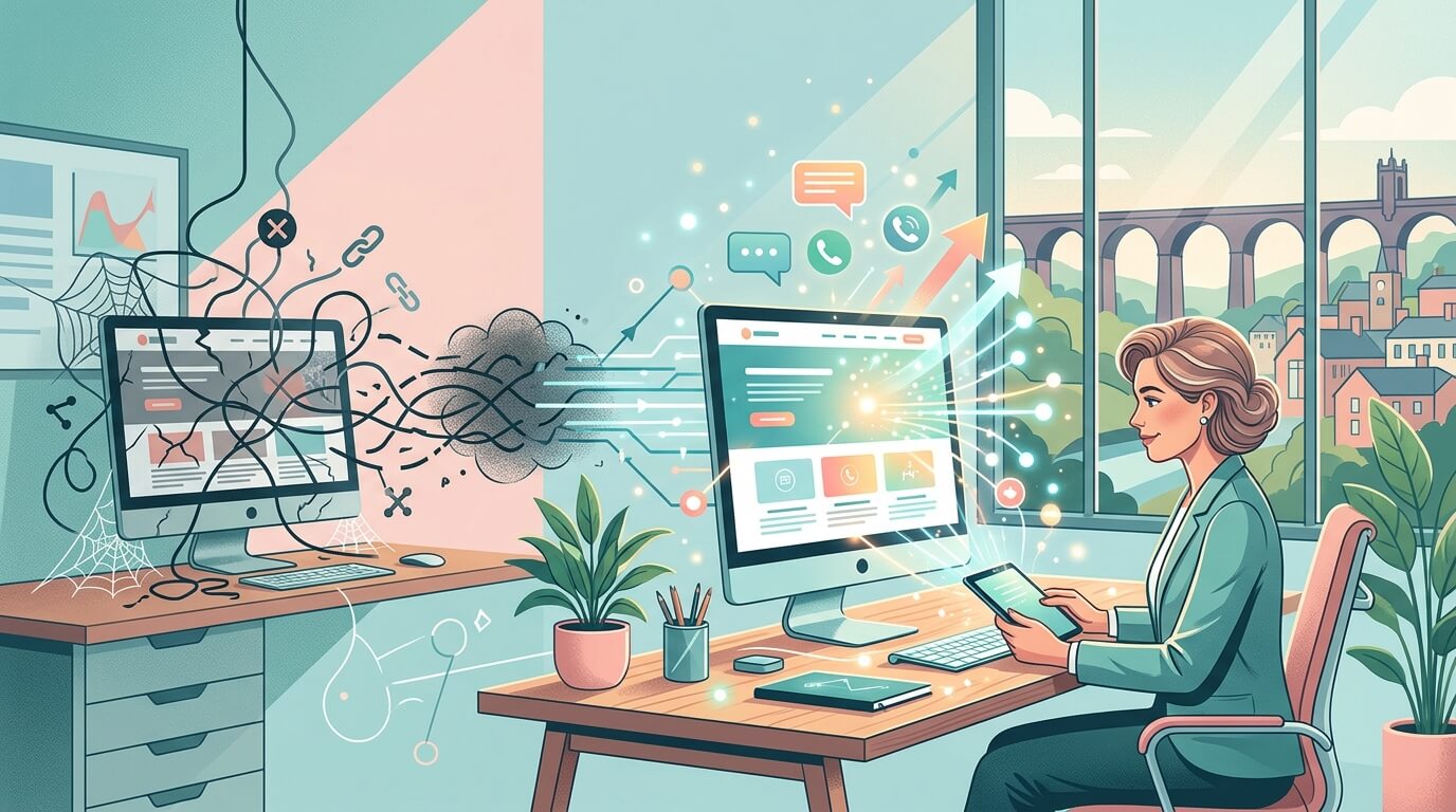A woman updates an outdated, cluttered computer system to a modern, organised one in a bright office with a city view and a viaduct outside the window.