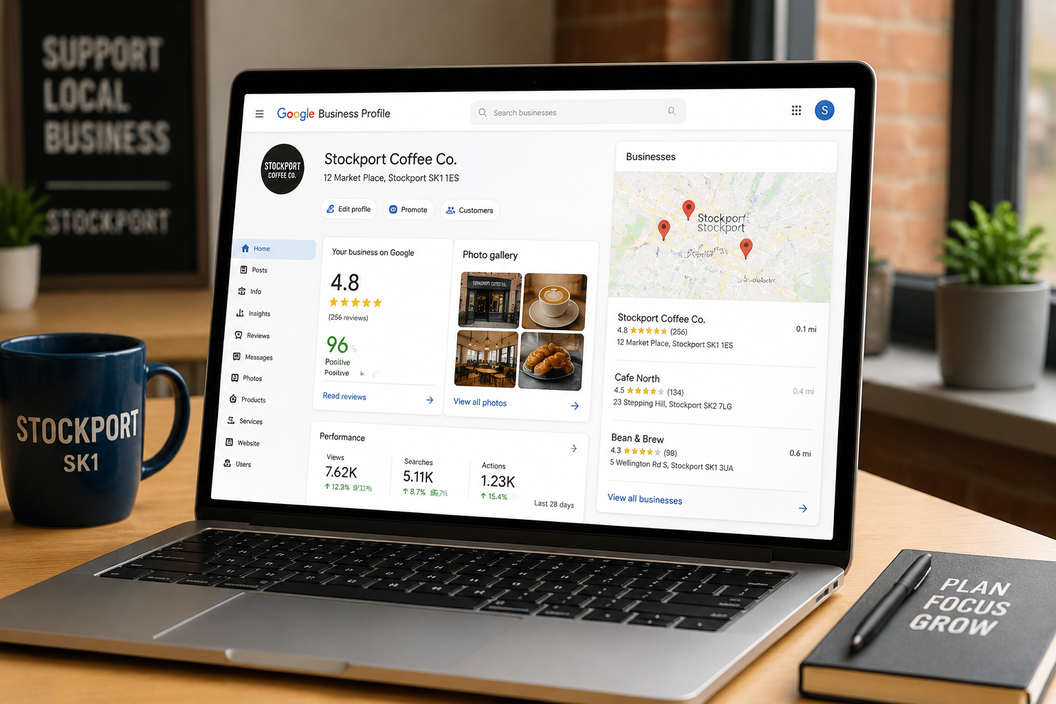 () editorial illustration showing a Google Business Profile dashboard on a modern laptop screen, displayed on a clean desk
