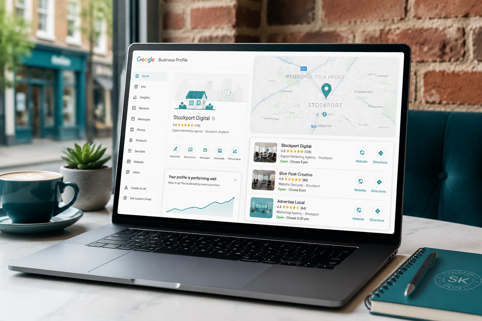 () editorial illustration showing a Google Business Profile dashboard on a modern laptop screen, displayed on a clean white