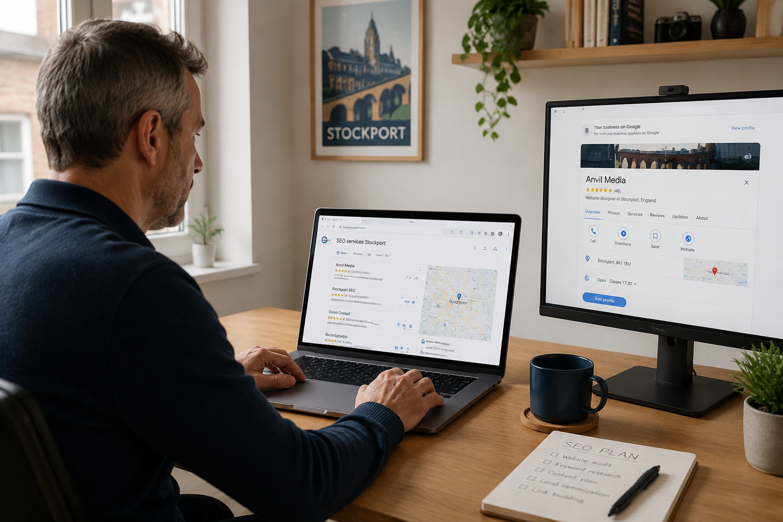 () editorial illustration showing a Stockport small business owner sitting at a clean modern desk, laptop open displaying a