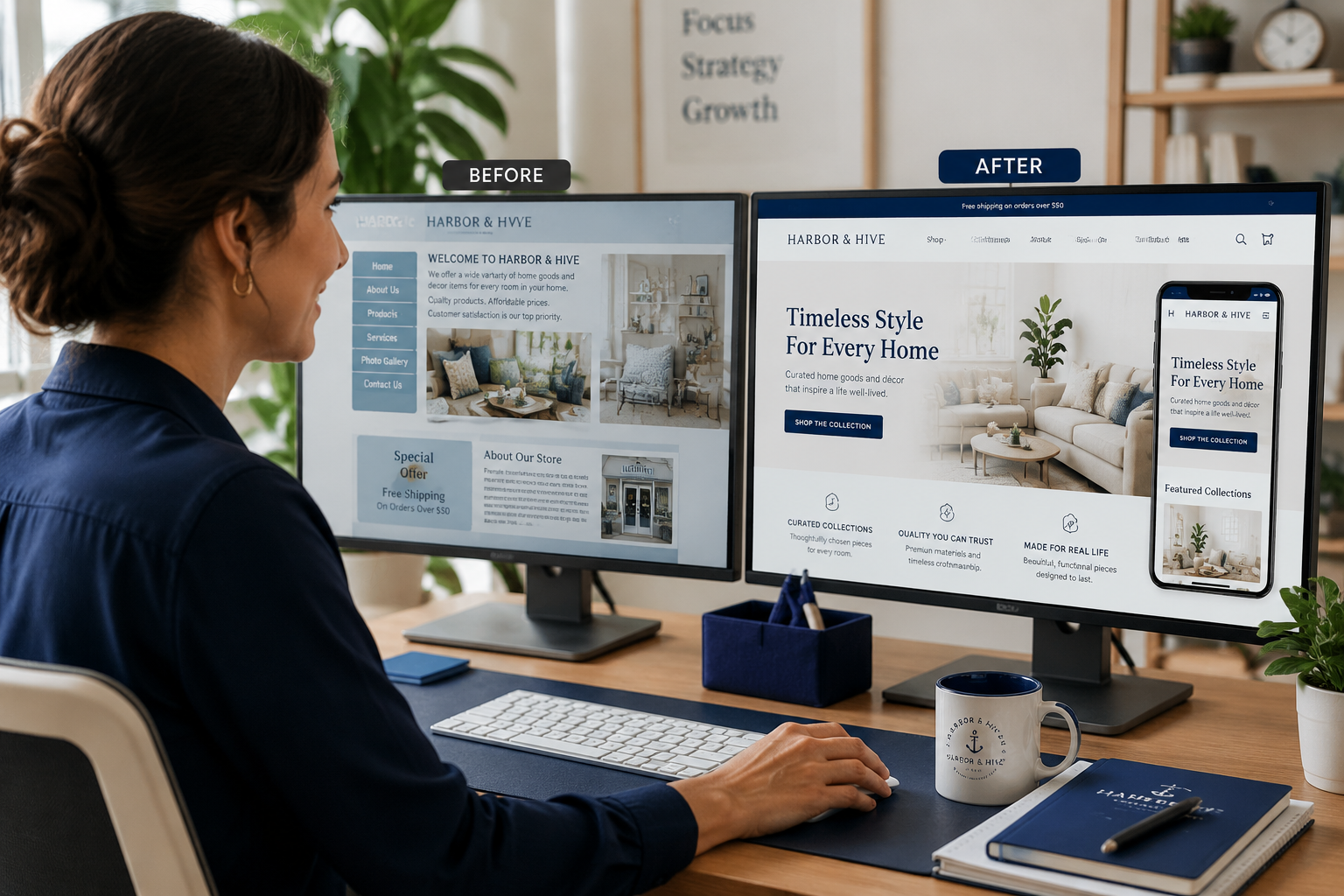 () editorial illustration showing a small business owner — a professional woman in her 30s at a clean modern desk —