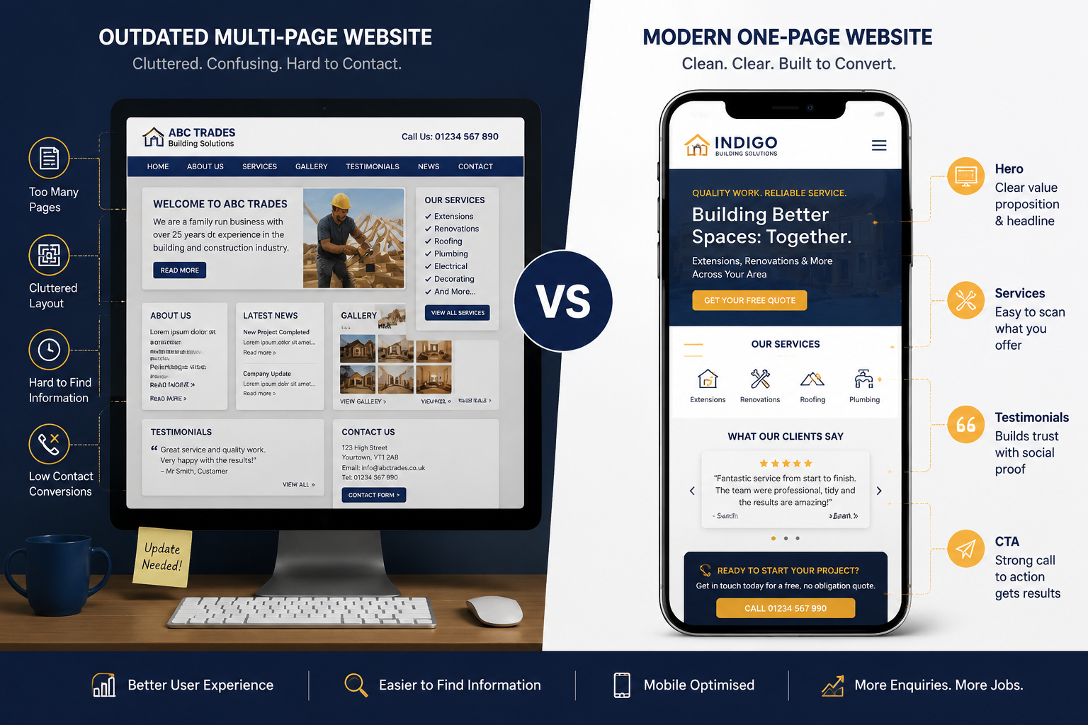 () editorial illustration showing a split-screen comparison: left side displays a cluttered, outdated multi-page tradesman