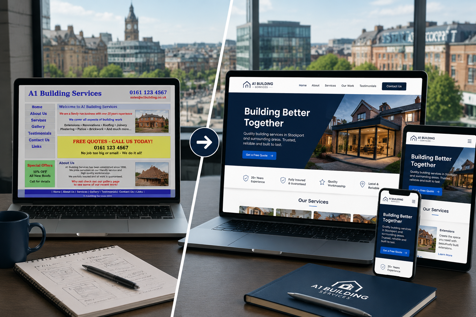() editorial illustration showing a split-screen comparison: left side displays a cluttered, outdated small business website