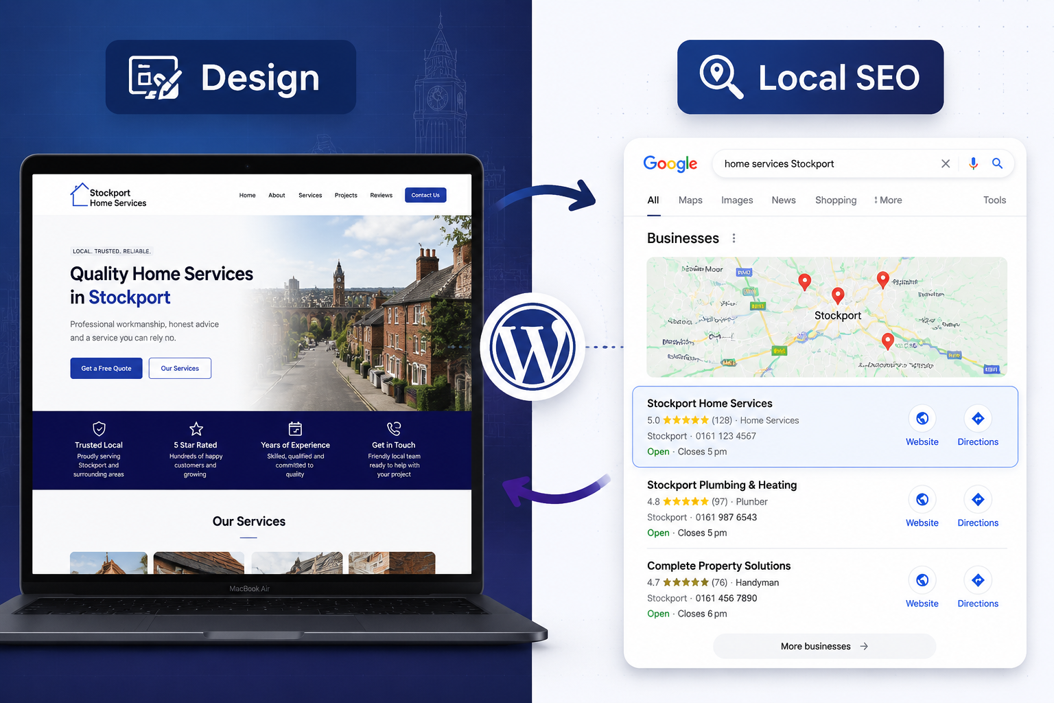 () editorial illustration showing a split-screen concept: left side displays a thoughtfully designed WordPress website on a