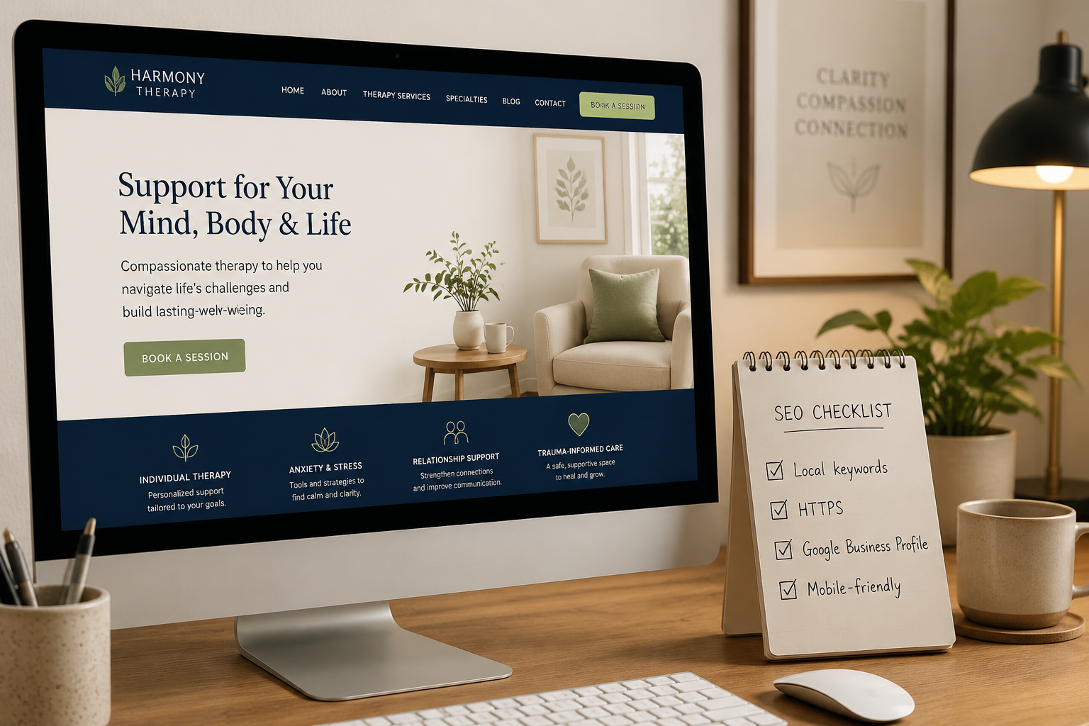 () editorial image showing a close-up of a desktop monitor displaying a thoughtfully designed therapist website with clear