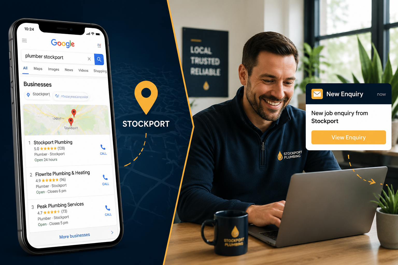 () editorial image showing a split-screen composition: left side displays a mobile-responsive small business website on a