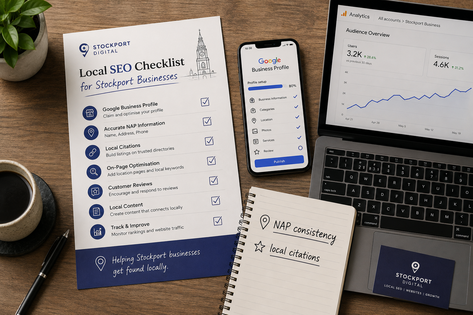 () editorial image showing a top-down flat lay of a wooden desk with a printed local SEO checklist for a Stockport business,