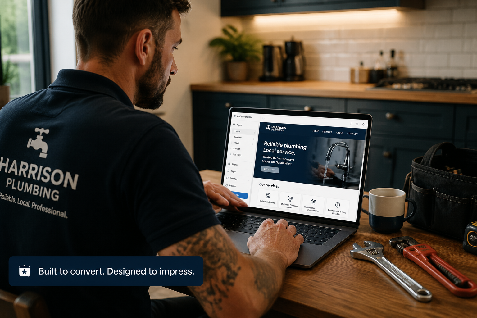 () editorial photo-style image of a UK tradesman — plumber or electrician — sitting at a kitchen table with a laptop open