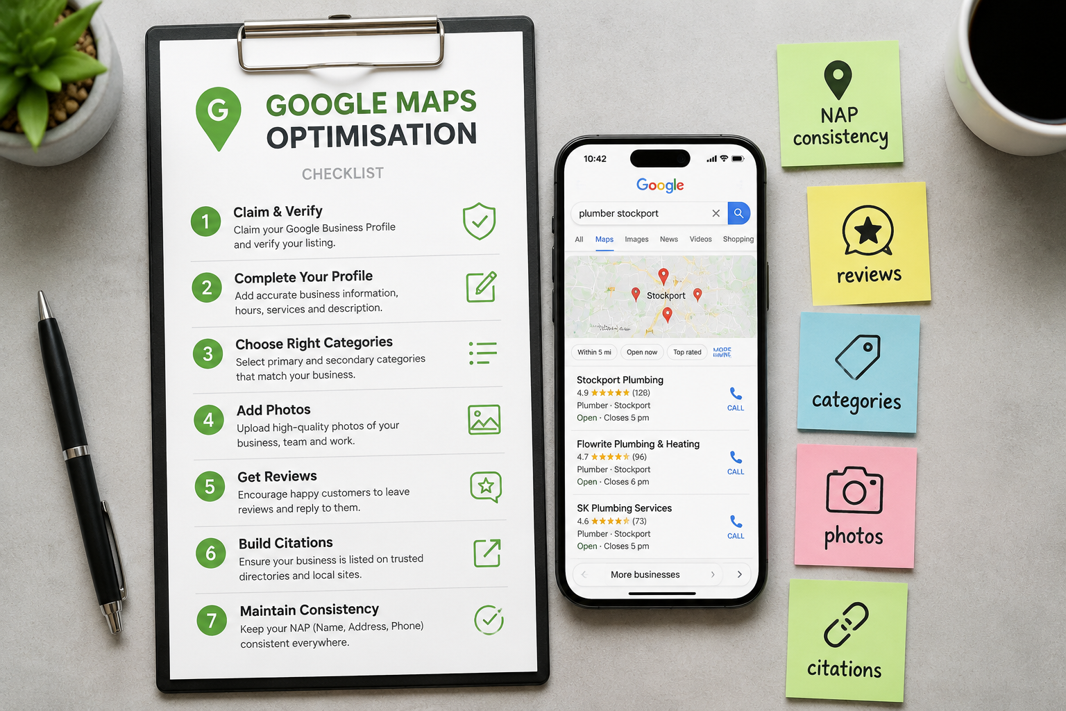 () flat-lay style infographic visual showing a checklist of Google Maps optimisation steps arranged on a light grey surface