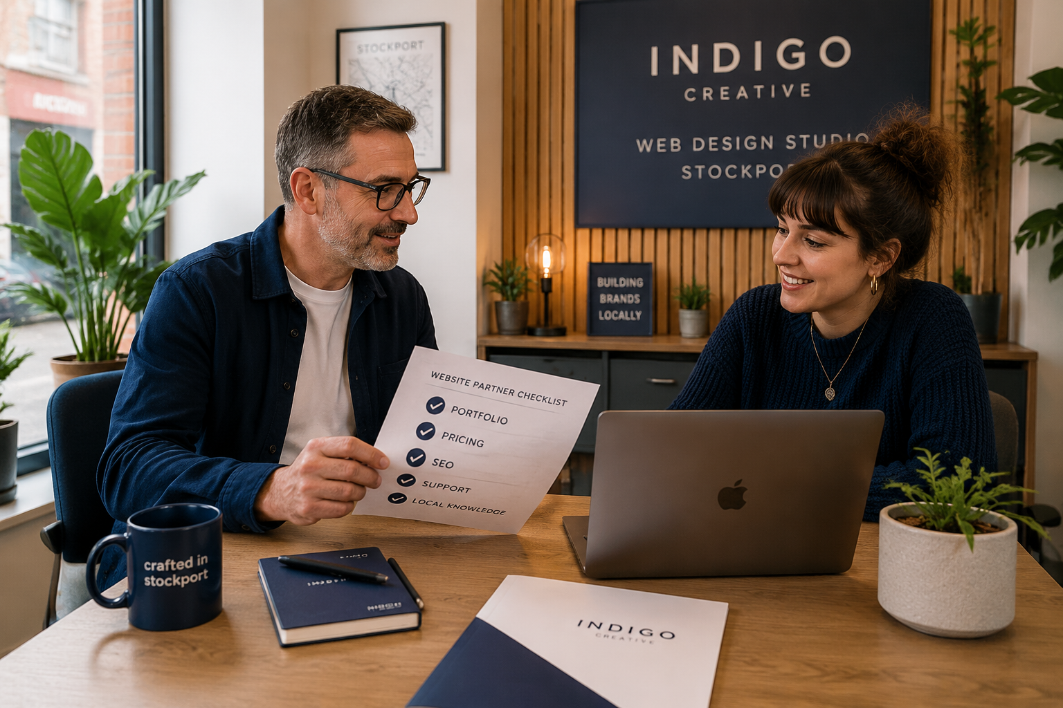 () image showing a confident small business owner sitting across from a web designer at a modern Stockport studio, reviewing