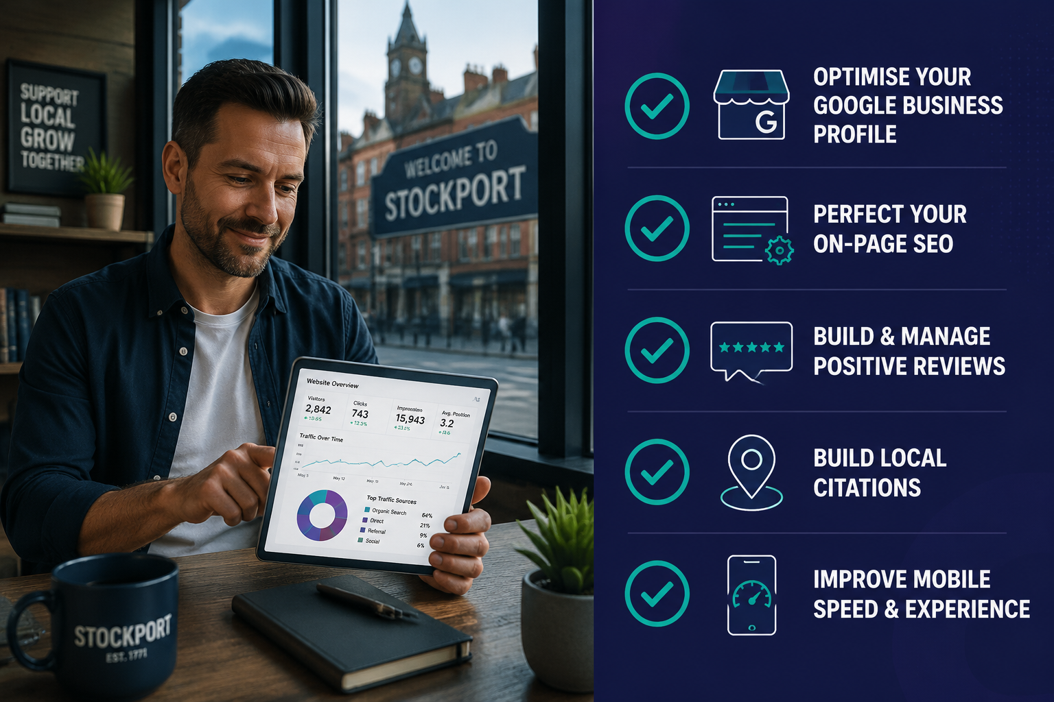 () split-composition image: left side shows a confident small business owner reviewing website analytics on a tablet, seated
