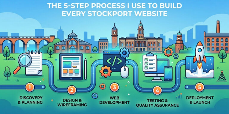 Illustration outlining a 5-step website building process: discovery, design, development, testing, and deployment, set against a cityscape background with icons for each step.